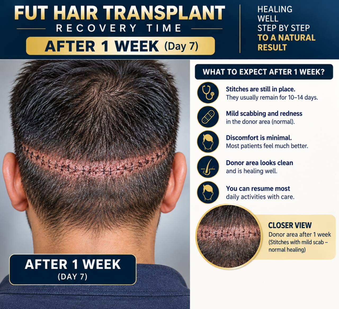 Week 1 recovery after Recovery Timeline & Aftercare of FUT Hair Transplant